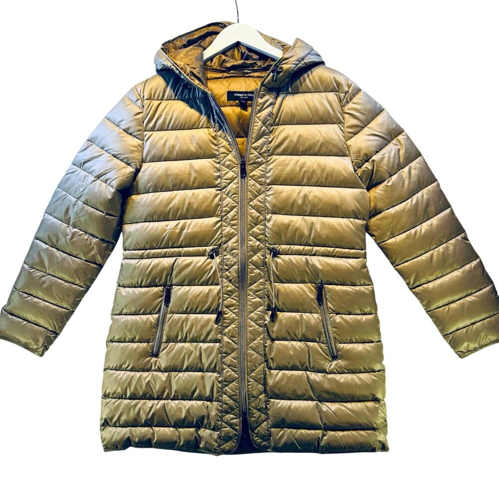 Kenneth Cole Women’s Beige Hooded Puffer Jacket Quilted Lined Pockets Zip L
